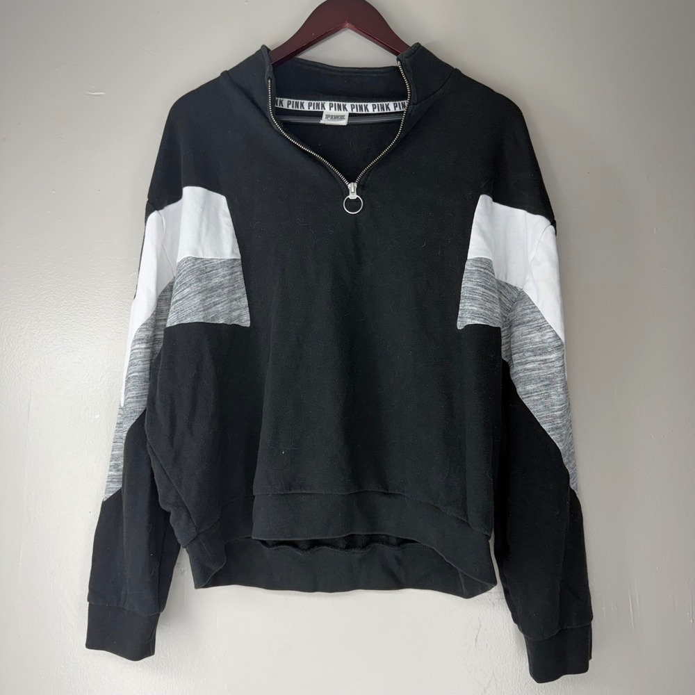 Victoria's Secret PINK Quarter Zip Pullover Sweatshirt Black Colorblock Large